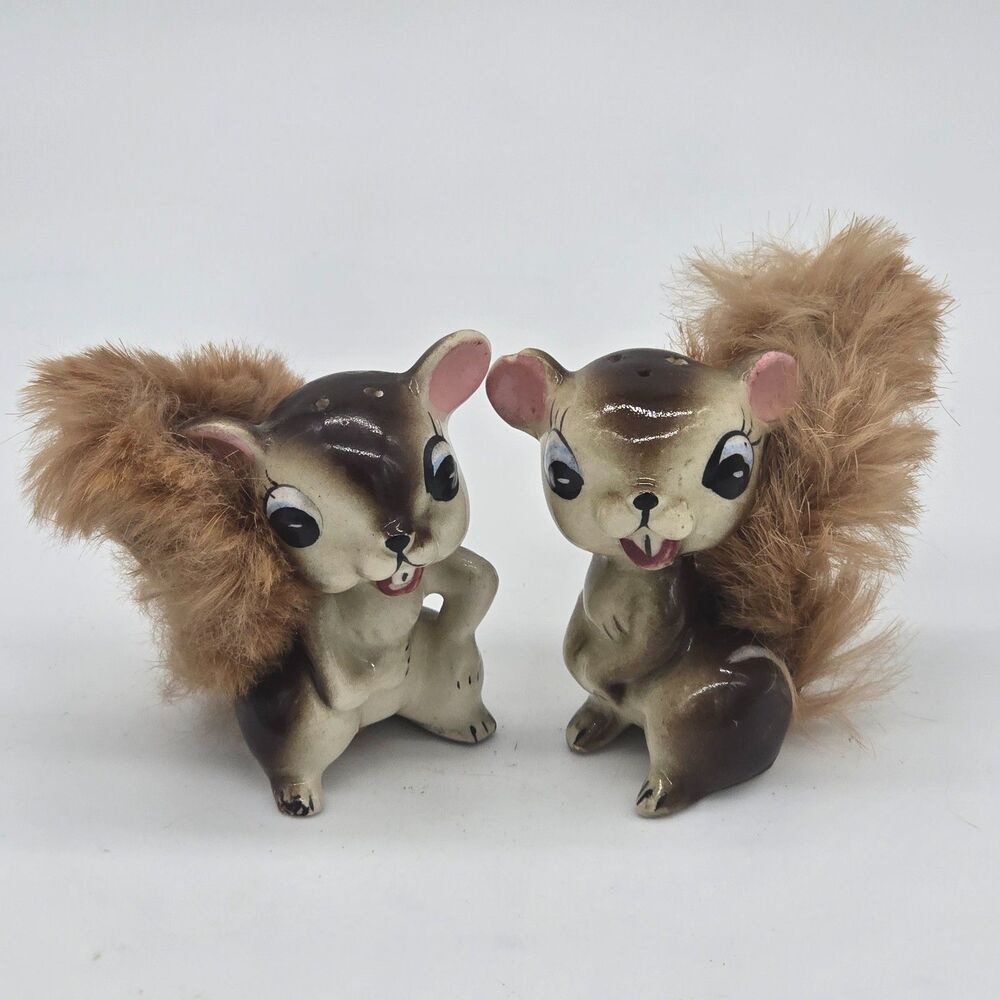 Vintage Anco Fluffy Fur Tail Squirrel Salt and Pepper Shakers MCM Kitsch